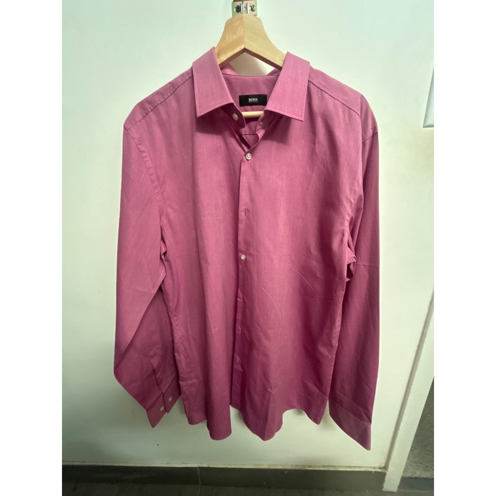 Hugo Boss Slim Fit Easy Iron Pink Dress Shirt Mens 17.5 44 Long Sleeve Button Up